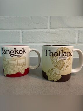 Starbucks Ceramic Bangkok & Thailand Mugs – White with Red and Brown Accents